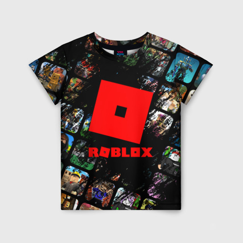 Детская футболка с принтом Roblox сюжеты и логотип, вид спереди №1