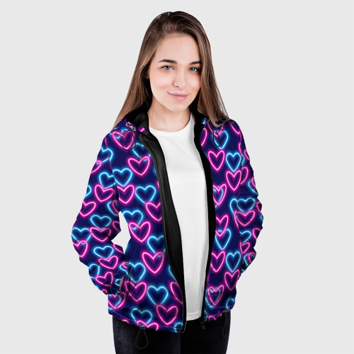 Женская куртка 3D Неоновые сердца, паттерн, цвет черный - фото 4