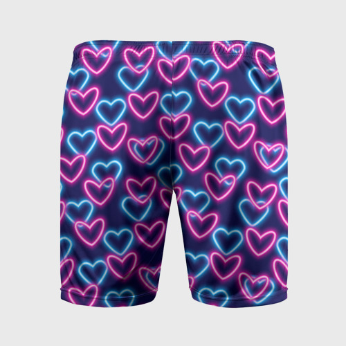 Мужские шорты спортивные с принтом Неоновые сердца, паттерн, вид сзади #1