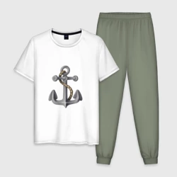 Мужская пижама с белой футболкой хлопок Рисунок якорь
