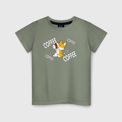Детская футболка хлопок Корги хлебает кофе