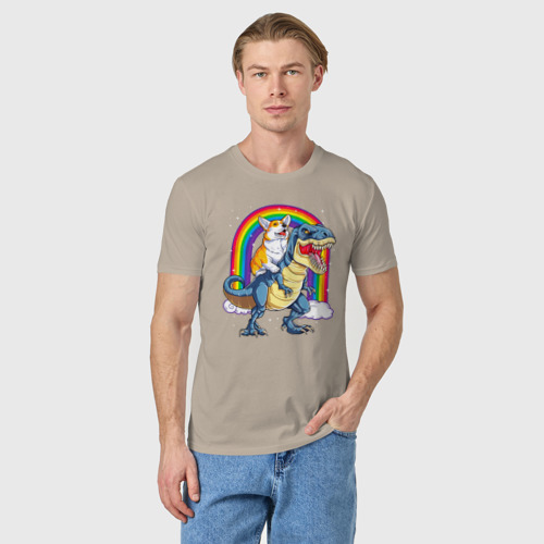 Мужская футболка хлопок Корги на динозавре, цвет миндальный - фото 3