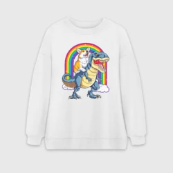 Женский свитшот oversize без начеса хлопок Корги на динозавре