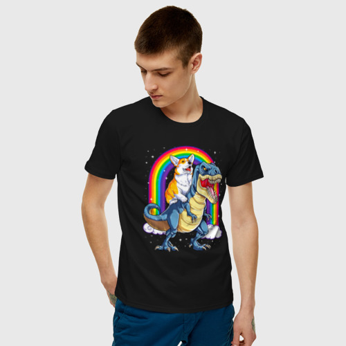 Мужская футболка хлопок Корги на динозавре, цвет черный - фото 3