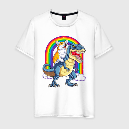 Мужская футболка хлопок Корги на динозавре, цвет белый
