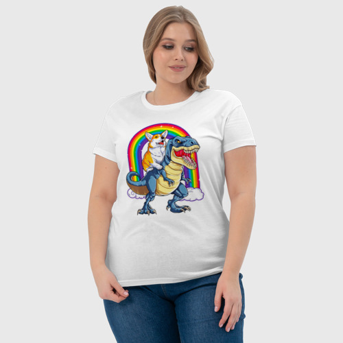 Женская футболка хлопок Корги на динозавре, цвет белый - фото 6