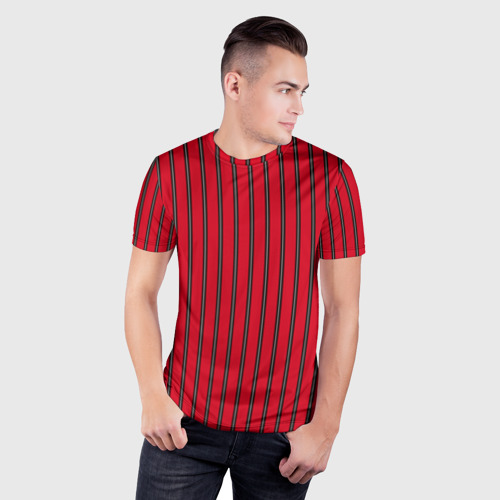 Мужская футболка 3D Slim с принтом Красно-черный узор в полоску, фото на моделе #1