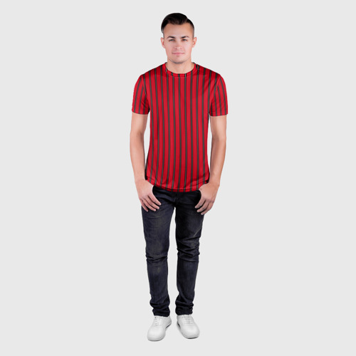 Мужская футболка 3D Slim с принтом Красно-черный узор в полоску, вид сбоку #3