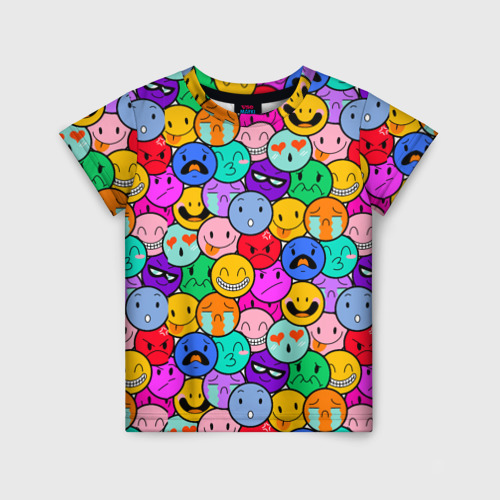 Детская футболка с принтом Sticker bombing смайлы маленькие, вид спереди №1