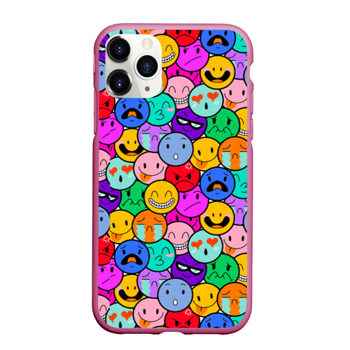 Чехол для iPhone 11 Pro Max матовый Sticker bombing смайлы маленькие, цвет малиновый