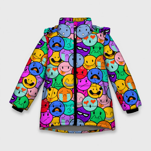 Зимняя куртка для девочек 3D Sticker bombing смайлы маленькие, цвет светло-серый