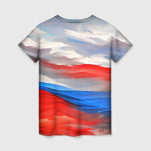 Женская футболка 3D с принтом Флаг России в красках, вид сзади #1