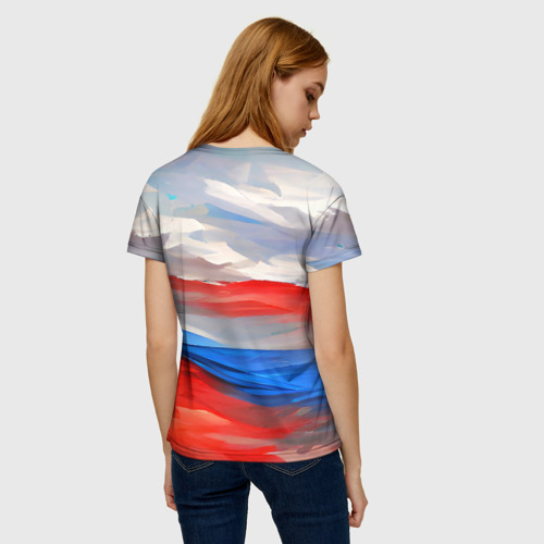 Женская футболка 3D с принтом Флаг России в красках, вид сзади #2
