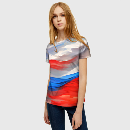 Женская футболка 3D с принтом Флаг России в красках, фото на моделе #1