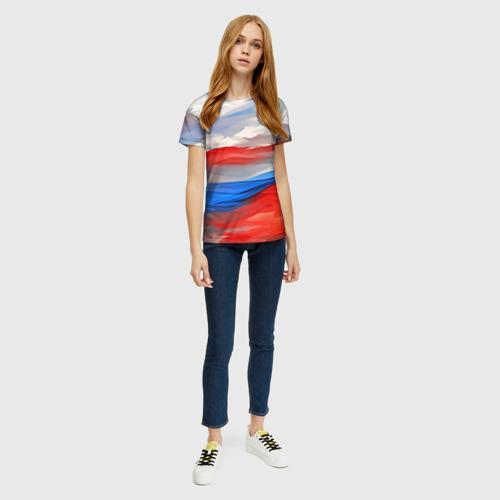 Женская футболка 3D с принтом Флаг России в красках, вид сбоку #3