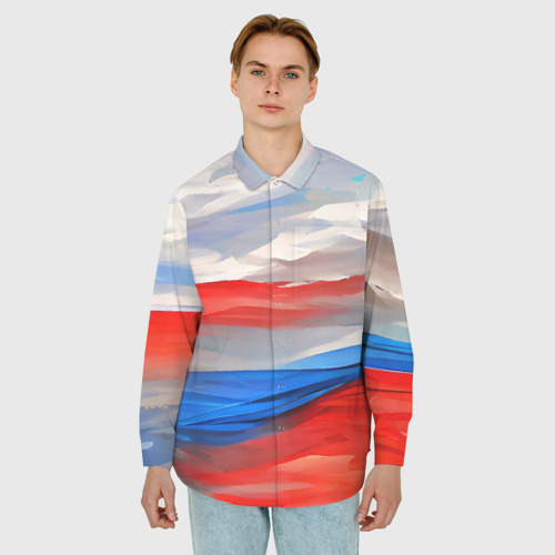Мужская рубашка oversize 3D с принтом Флаг России в красках, фото на моделе #1