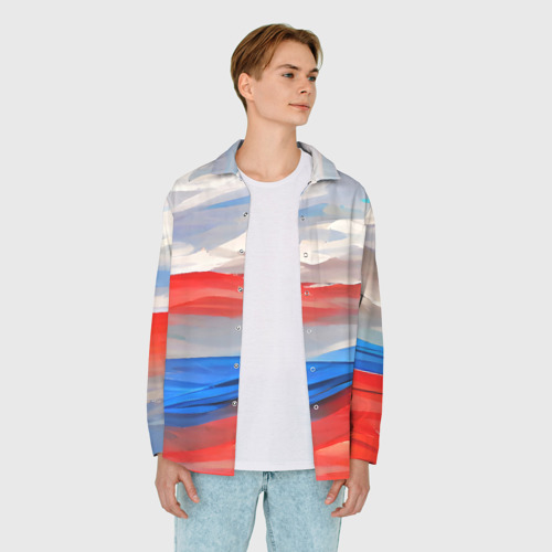 Мужская рубашка oversize 3D с принтом Флаг России в красках, вид сбоку #3