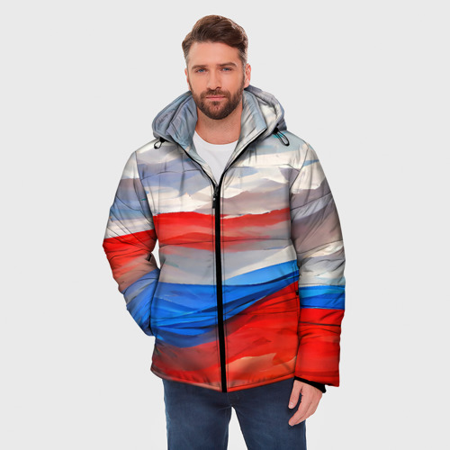 Мужская зимняя куртка 3D с принтом Флаг России в красках, фото на моделе #1