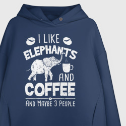 Худи с принтом Я люблю кофе, слонов и возможно 3х людей для женщины, вид на модели спереди №2. Цвет основы: темно-синий