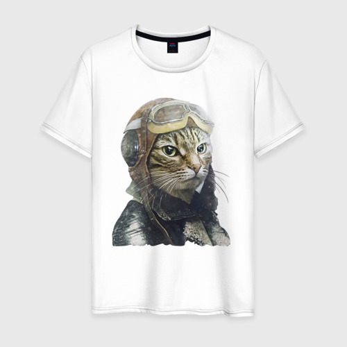 Мужская футболка из хлопка с принтом Кот - пилот The pilot Cat, вид спереди №1