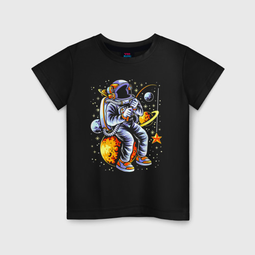 Детская футболка хлопок с принтом Космонавт, сидящий на луне с удочкой / An astronaut sitting on the moon with a fishing rod, вид спереди #2