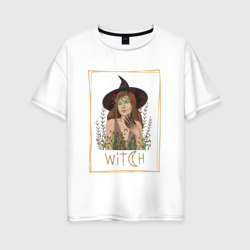 Ведьма witch колдунья в шляпе с цветами – Женская футболка хлопок Oversize с принтом купить со скидкой в -16%