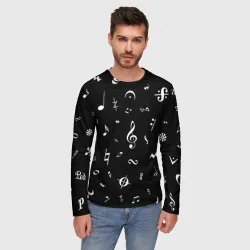 Мужской лонгслив 3D Нотные знаки белые на чёрном - фото 2