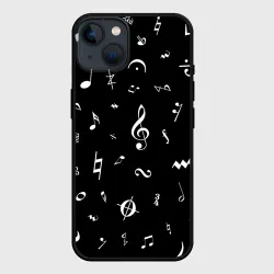 Чехол для iPhone 14 Нотные знаки белые на чёрном