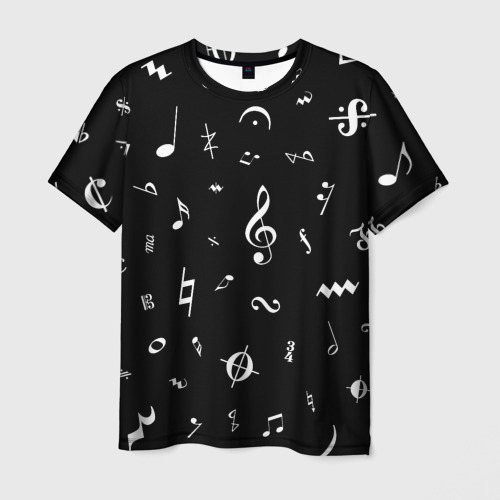Мужская футболка 3D Нотные Знаки Белые на Черном