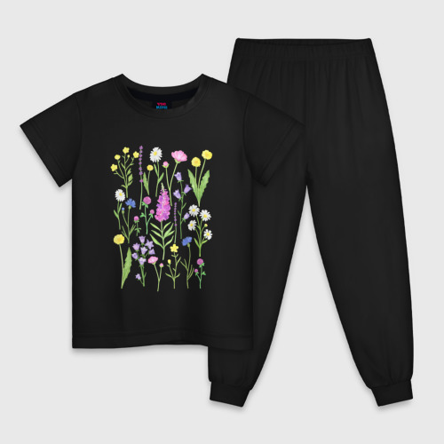 Детская пижама хлопок Полевые цветы растения акварелью Ботаника, цвет черный