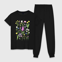 Женская пижама хлопок Полевые цветы растения акварелью Ботаника
