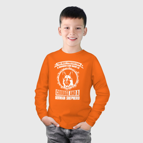 Детский лонгслив хлопок Лучшая защита для женщины, это мужество и немецкая овчарка, цвет оранжевый - фото 3
