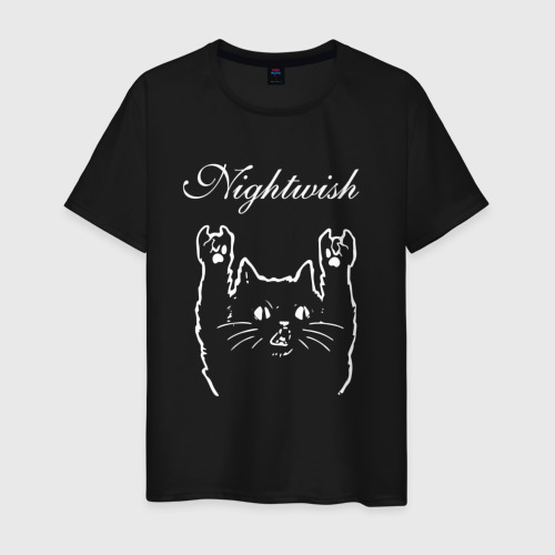 Мужская футболка хлопок с принтом Nightwish Рок Кот, вид спереди #2