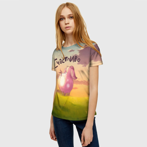 Женская футболка 3D с принтом Поросенок    Счастливо, фото на моделе #1