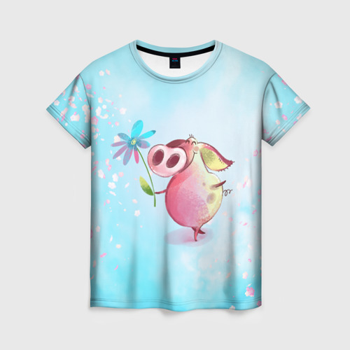 Женская футболка 3D с принтом Милый поросенок с цветами, вид спереди #2