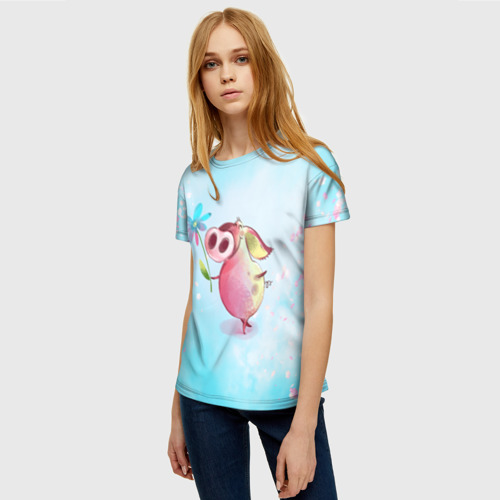 Женская футболка 3D с принтом Милый поросенок с цветами, фото на моделе #1