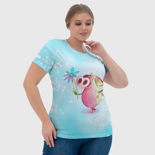 Женская футболка 3D с принтом Милый поросенок с цветами, фото #4