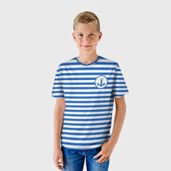 Детская футболка 3D Морская тельняшка - бело-синие полосы и якорь - фото 2