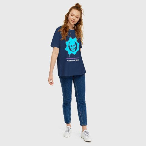 Женская футболка хлопок Oversize Gears of War в неоновых цветах, цвет темно-синий - фото 5