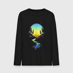 Мужской лонгслив хлопок Заходящее солнце отражается в ручье The setting sun is reflected in the stream