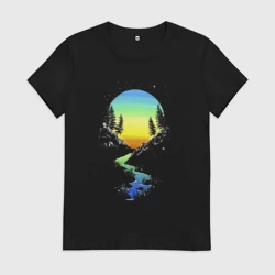 Женская футболка хлопок Заходящее солнце отражается в ручье The setting sun is reflected in the stream