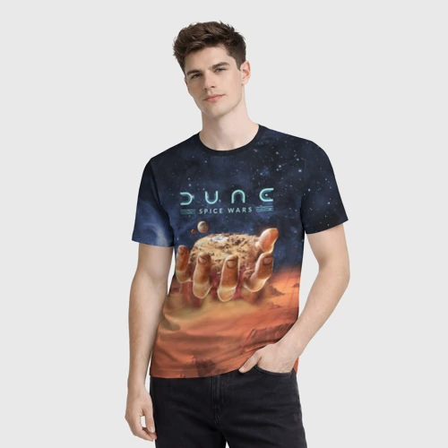 Мужская футболка 3D с принтом Dune: Spice Wars песчаные дюны и рука с базой, фото на моделе #1