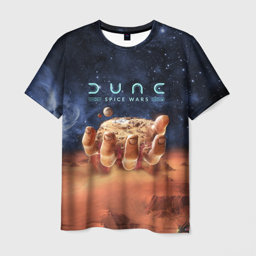 Мужская футболка с принтом Dune: Spice Wars песчаные дюны и рука с базой, вид спереди №1
