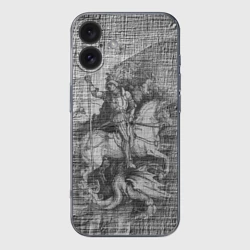 Чехол для iPhone 16 силиконовый с защитой камеры Альбрехт Дюрер Всадник побеждающий дракона Гравюра Пост-арт Albrecht Durer Dragon Rider Conquering Engraving Post-art