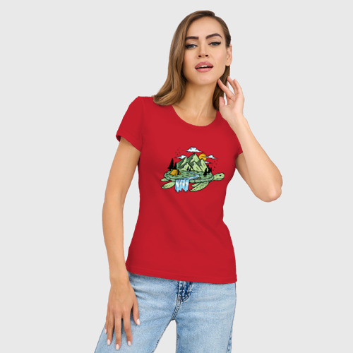 Женская футболка хлопок Slim Горы, река, палатка на панцире черепахи Mountains, River, tent on turtle shell, цвет красный - фото 3