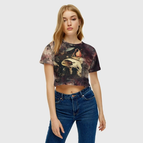 Женская футболка Crop-top 3D Иероним Босх Сад земных наслаждений Фрагмент Hieronymus Bosch The Garden of Earthly Delights Fragment