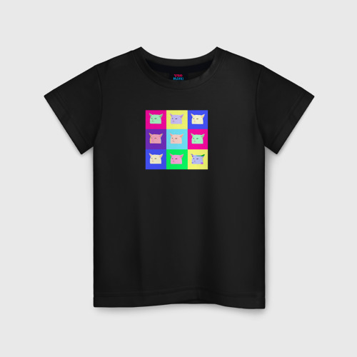 Детская футболка хлопок с принтом Разноцветные коты коллаж, вид спереди #2