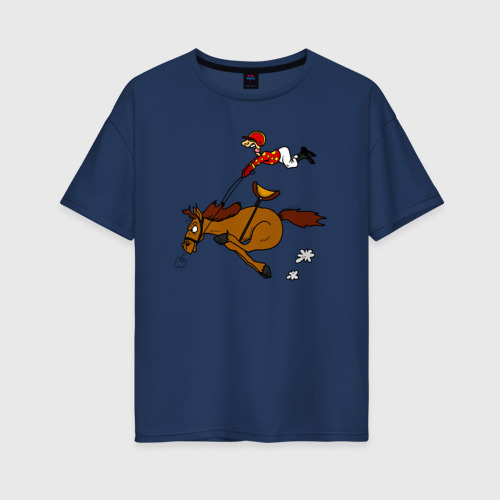 Женская футболка хлопок Oversize с принтом Скачки лошади с жокеем, вид спереди #2