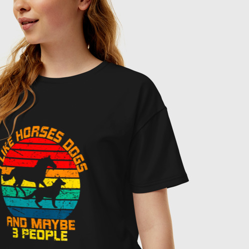 Женская футболка хлопок Oversize Я люблю лошадей, собак и возможно троих людей, цвет черный - фото 3