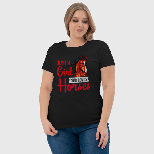 Женская футболка хлопок Просто девушка которая любит лошадей, цвет черный - фото 6